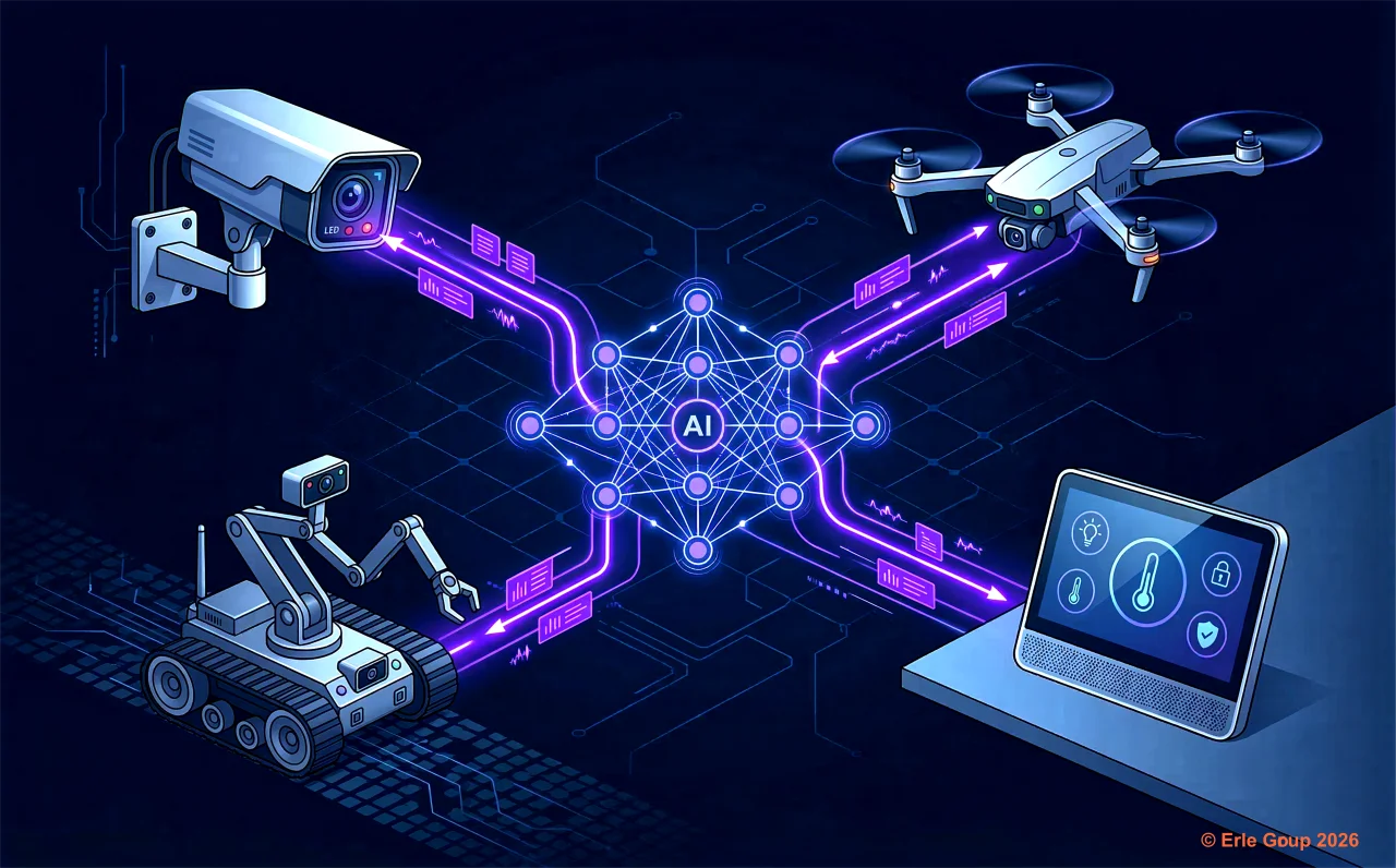 KI-Netzwerk: Edge-Geräte, Sensoren und KI-Agents in einem intelligenten System vernetzt